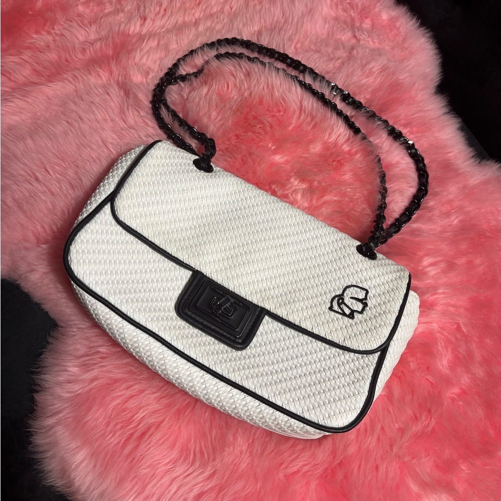 Karl Lagerfeld White Quilted Shoulder Bag Logo & Black Chain Straps w/Dustbag